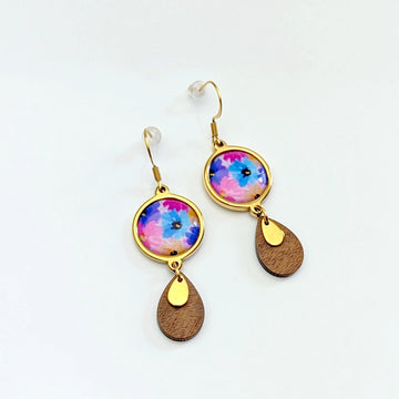 Boucles d'oreilles cabochons et gouttes en bois pour femme - Floral mauve et bleu