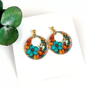 Boucles d'oreilles laiton doré et résine pour femme - Fleur Automne