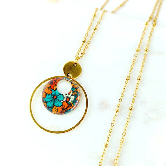 Collier long et pendentif en résine pour femme - Fleur d'Automne