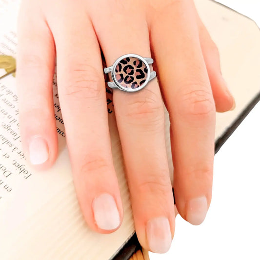 Bague cabochon Léopard ajustable pour femme en acier inoxydable