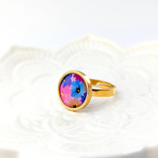 Bague cabochon ajustable pour femme en acier inoxydable - Floral mauve et bleu