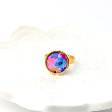 Bague cabochon ajustable pour femme en acier inoxydable - Floral mauve et bleu