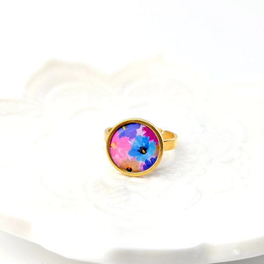 Bague cabochon ajustable pour femme en acier inoxydable - Floral mauve et bleu