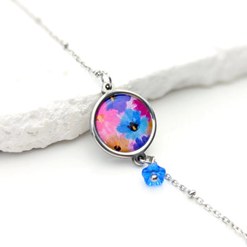 Bracelet cabochon et fleur en verre - Floral mauve et bleu
