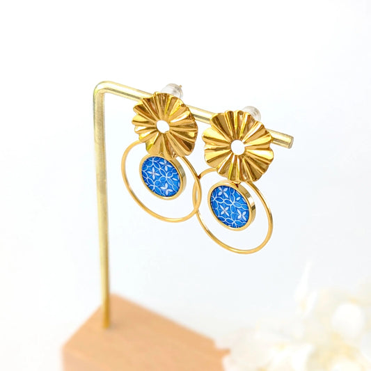 Boucles d'oreilles Fleur et cabochon en résine pour femme - Grèce