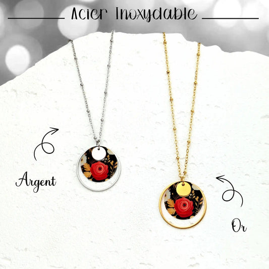 Collier pendentif Fleur d'hiver en résine et acier inoxydable pour femme