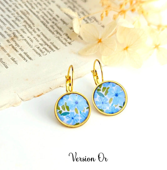Boucles d'oreilles Dormeuses cabochons pour femme - Floraison bleu