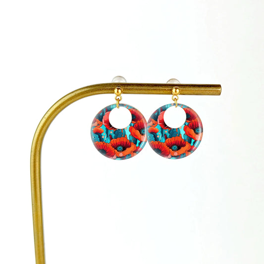 Boucles d'oreilles laiton doré et résine pour femme - Coquelicots