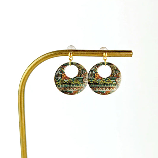Boucles d'oreilles laiton doré et résine pour femme - Style Inca