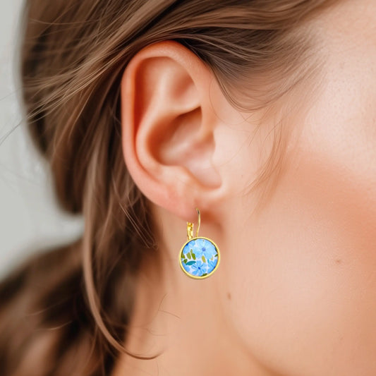Boucles d'oreilles Dormeuses cabochons pour femme - Floraison bleu