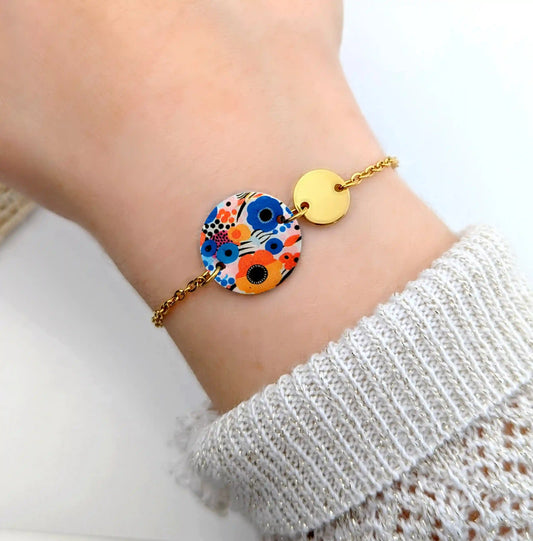 Bracelet Art abstrait orange et bleu en résine et acier inoxydable pour femme