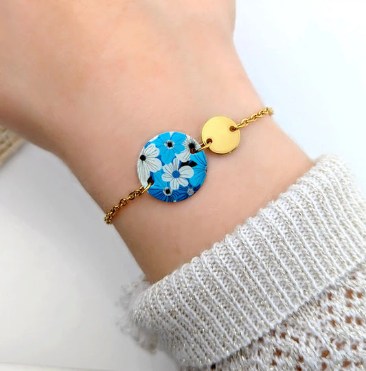 Bracelet Fleurs bleues en résine et acier inoxydable pour femme