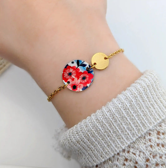 Bracelet fleurs rouges et rayures bleues en résine et acier inoxydable pour femme