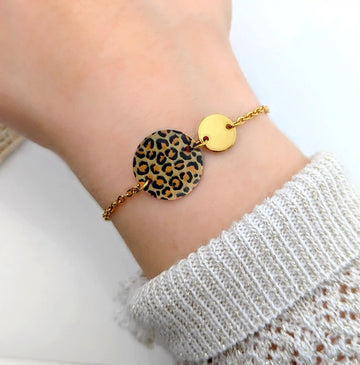 Bracelet imprimé léopard en résine et acier inoxydable pour femme