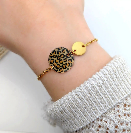 Bracelet imprimé léopard en résine et acier inoxydable pour femme