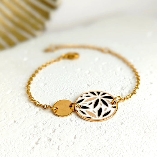 Bracelet fleurs en émail or, noir et blanc pour femme