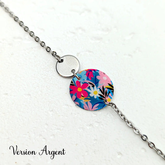 Bracelet fleurs rose et bleu en résine et acier inoxydable pour femme