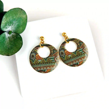 Boucles d'oreilles laiton doré et résine pour femme - Style Inca