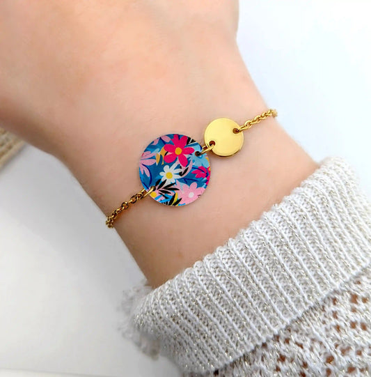 Bracelet fleurs rose et bleu en résine et acier inoxydable pour femme