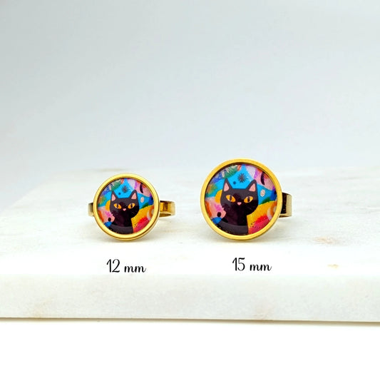 Bague cabochon ajustable pour femme en acier inoxydable - Chat multicolore