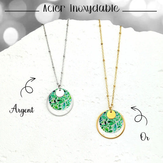 Collier pendentif feuilles vertes en résine pour femme