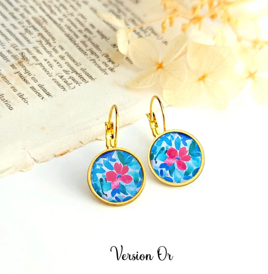 Boucles d'oreilles dormeuses cabochons pour femme - Fleurs framboise