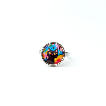 Bague cabochon ajustable pour femme en acier inoxydable - Chat multicolore