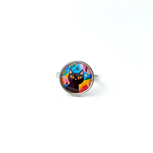 Bague cabochon ajustable pour femme en acier inoxydable - Chat multicolore