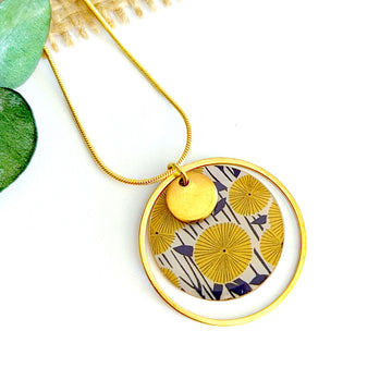 Collier pendentif rond Pissenlit et feuilles bleu foncé pour femme