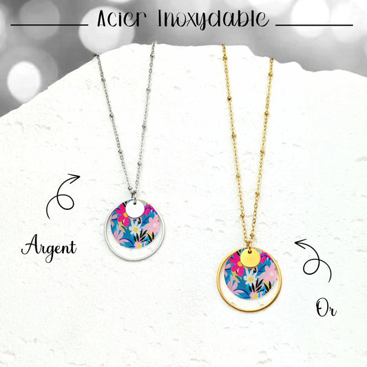 Collier pendentif fleur rose et bleu pour femme