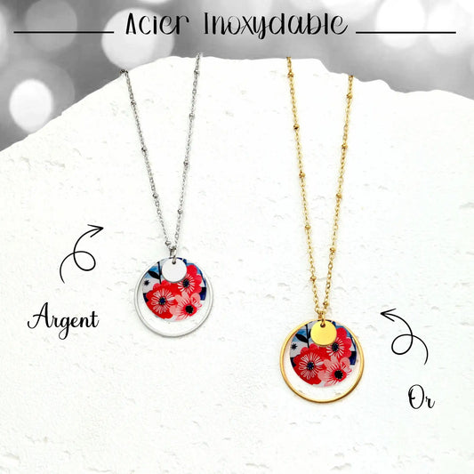 Collier pendentif fleurs rouges et rayures bleues pour femme