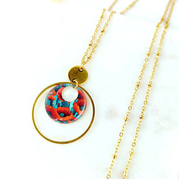 Collier long et pendentif en résine pour femme - Coquelicots rouge et bleu