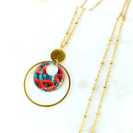 Collier long et pendentif en résine pour femme - Coquelicots rouge et bleu