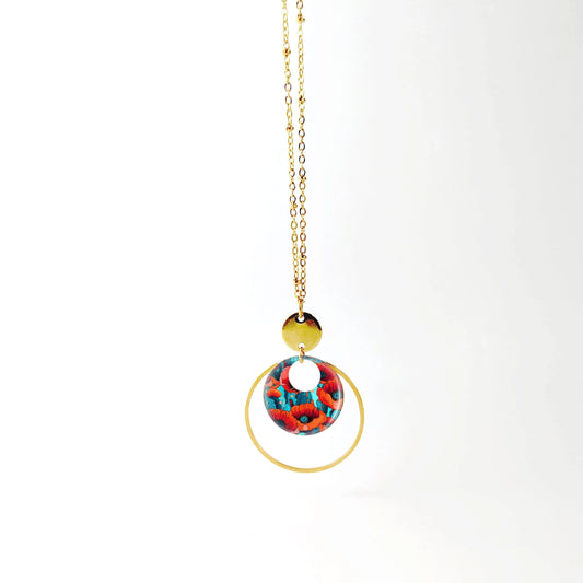 Collier long et pendentif en résine pour femme - Coquelicots rouge et bleu