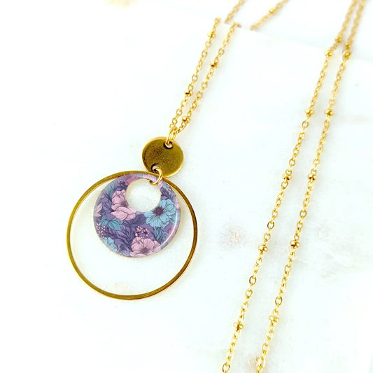 Collier long et pendentif en résine pour femme - Douces fleurs