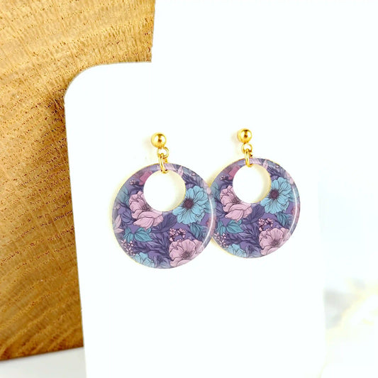 Boucles d'oreilles laiton doré et résine pour femme - Douces Fleurs
