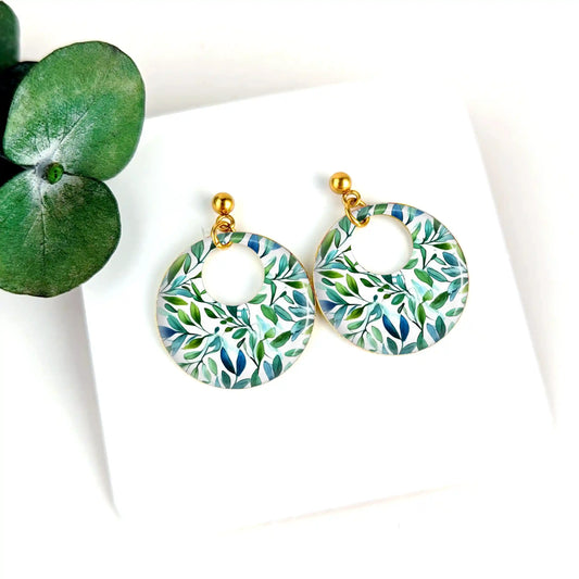 Boucles d'oreilles laiton doré et résine pour femme - Feuilles vert et bleu