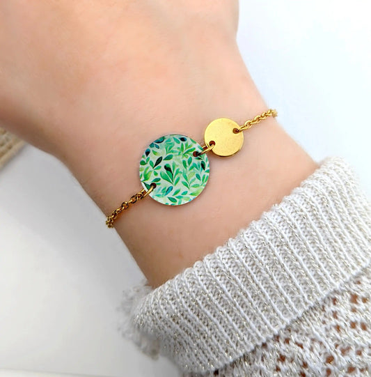 Bracelet feuilles vertes en résine pour femme