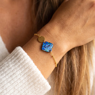 Bracelet en bois, résine et acier inoxydable - Fleurs bleu nuit