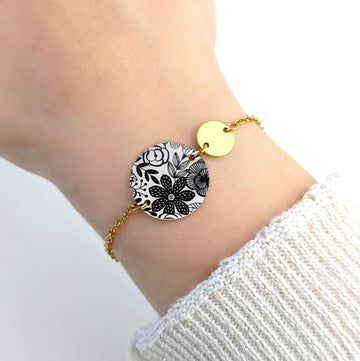 Bracelet en résine pour femme -Motif Floral noir et blanc