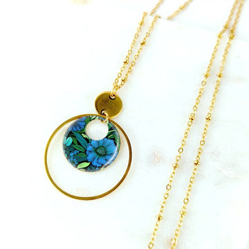Collier long et pendentif en résine pour femme - Fleur Bleue
