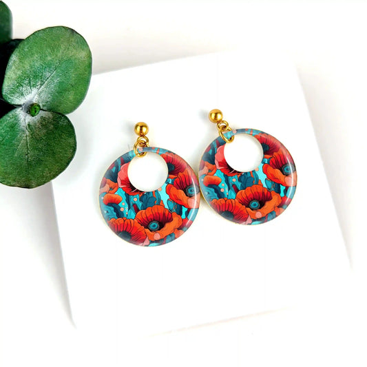 Boucles d'oreilles laiton doré et résine pour femme - Coquelicots