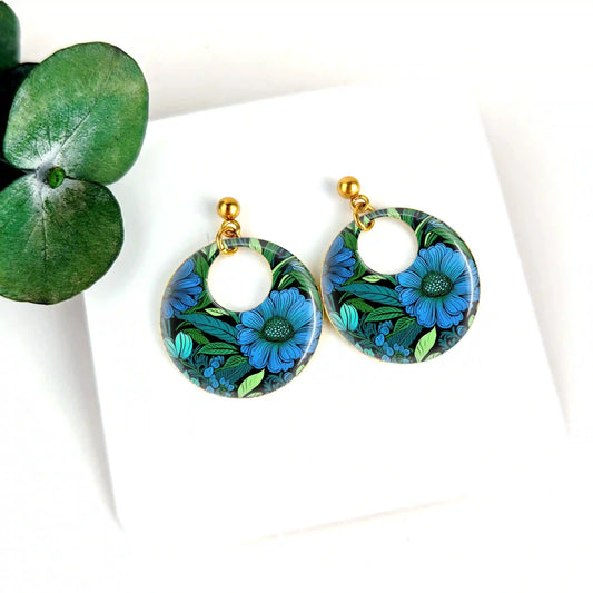 Boucles d'oreilles laiton doré et résine pour femme - Fleur bleue
