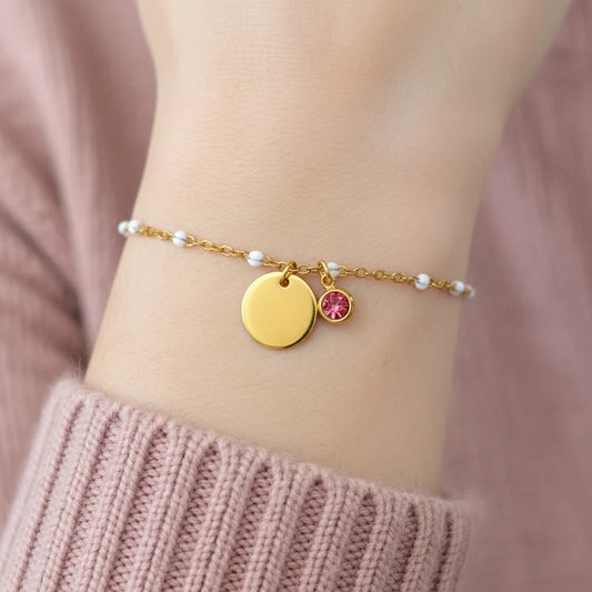 Bracelet personnalisé chaîne en émail blanc et médaille gravée