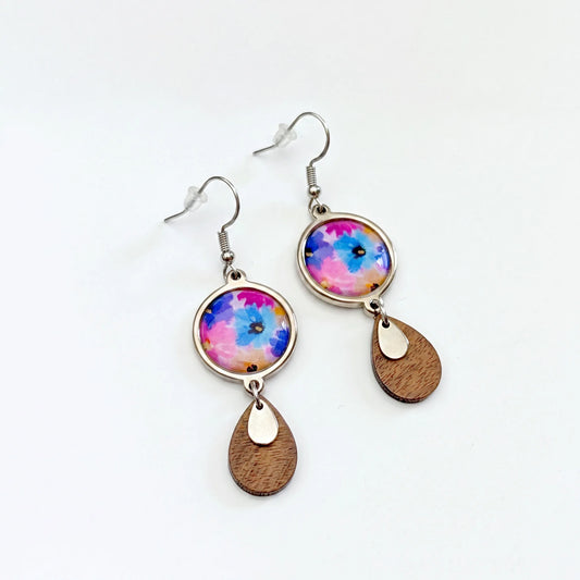 Boucles d'oreilles cabochons et gouttes en bois pour femme - Floral mauve et bleu