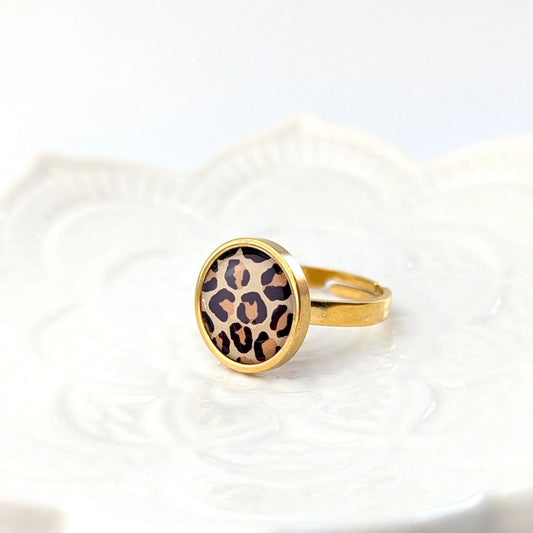 Bague cabochon ajustable pour femme en acier inoxydable - Léopard