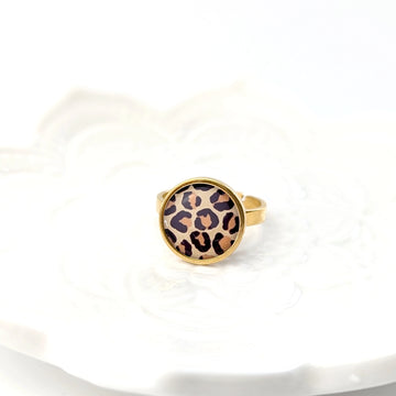 Bague cabochon ajustable pour femme en acier inoxydable - Léopard