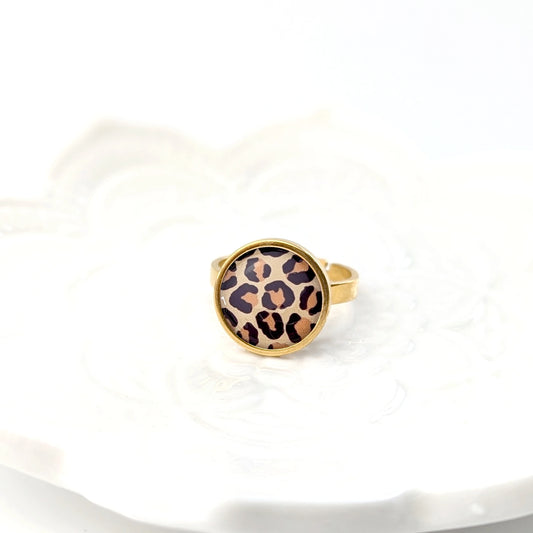 Bague cabochon ajustable pour femme en acier inoxydable - Léopard