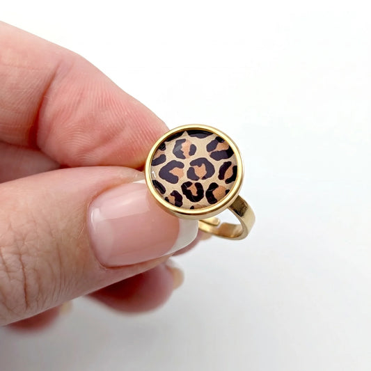 Bague cabochon ajustable pour femme en acier inoxydable - Léopard