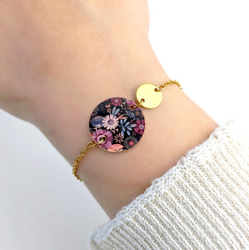 Bracelet en résine pour femme - Motif fleurs rose et mauve